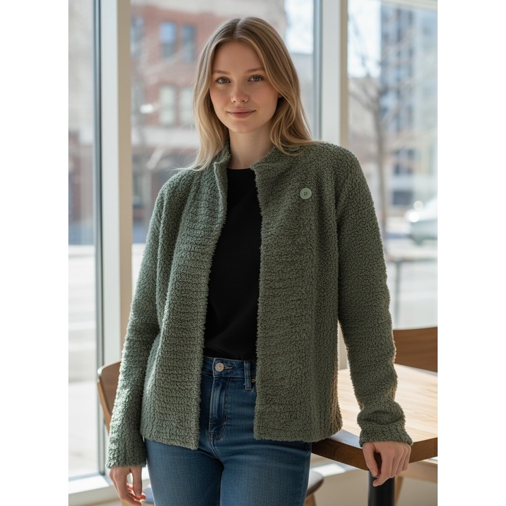 Barefoot Dreams CozyChic Sage Green Button Funnel Neck Fuzzy Cardigan Jacket S